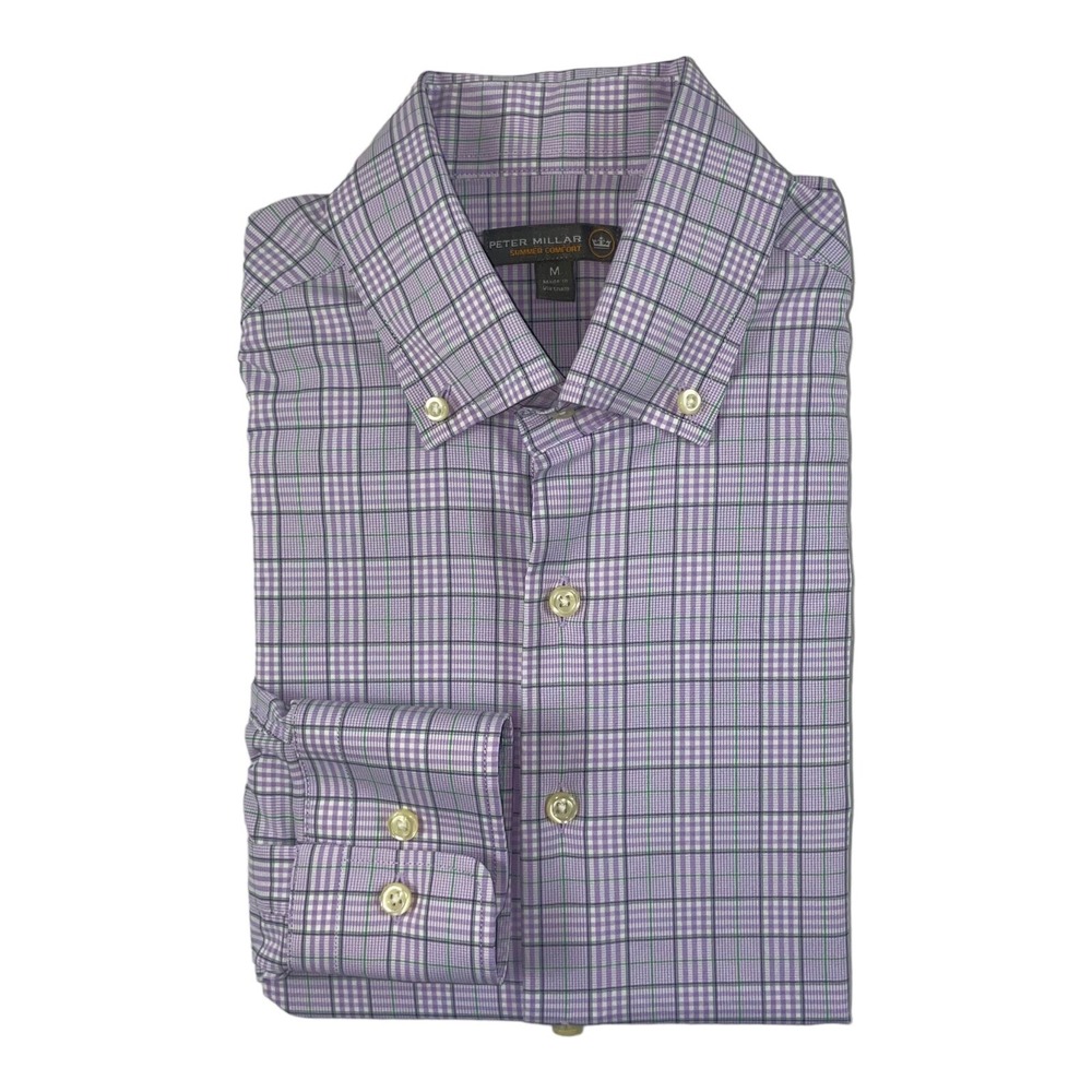 Peter Millar Summer Comfort Shirt Mens Medium Purple Green Check Performance L/S